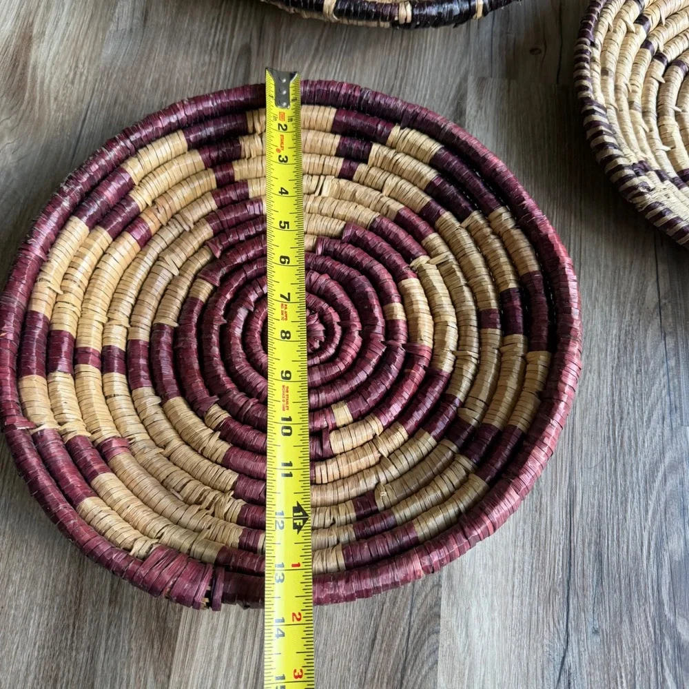 Set of 3 Handwoven Coiled Seagrass Wall Baskets Boho Burgundy Natural Decor